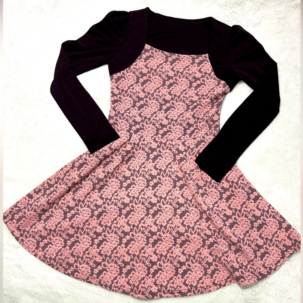 Pink and black floral dress with attached black Bolero - XS/S